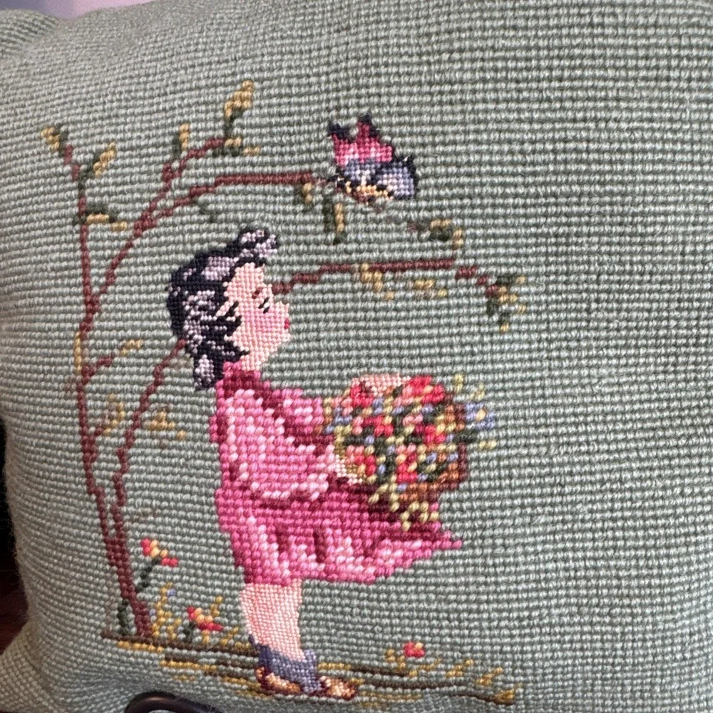 Double Sided Needlepoint Point Pillow Green Cottagecore Country Boy Girl VNTG